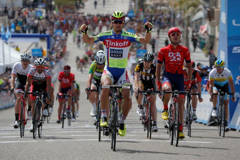 Peter Sagan (Tinkoff-Saxo) celebrates winning the stage ahead of Wouter Wippert (Drapac)