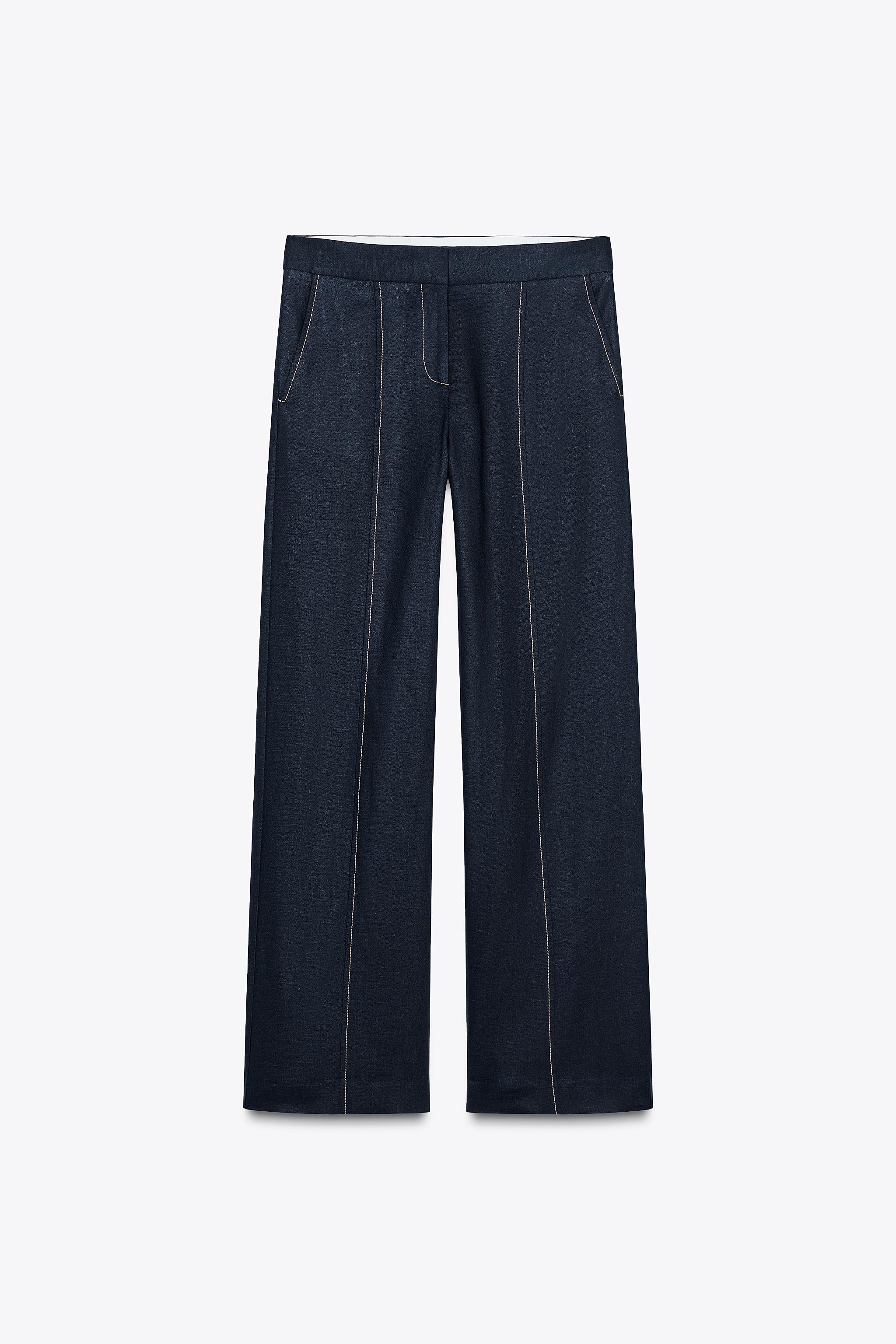Straight Fit Linen Pants With Topstitching
