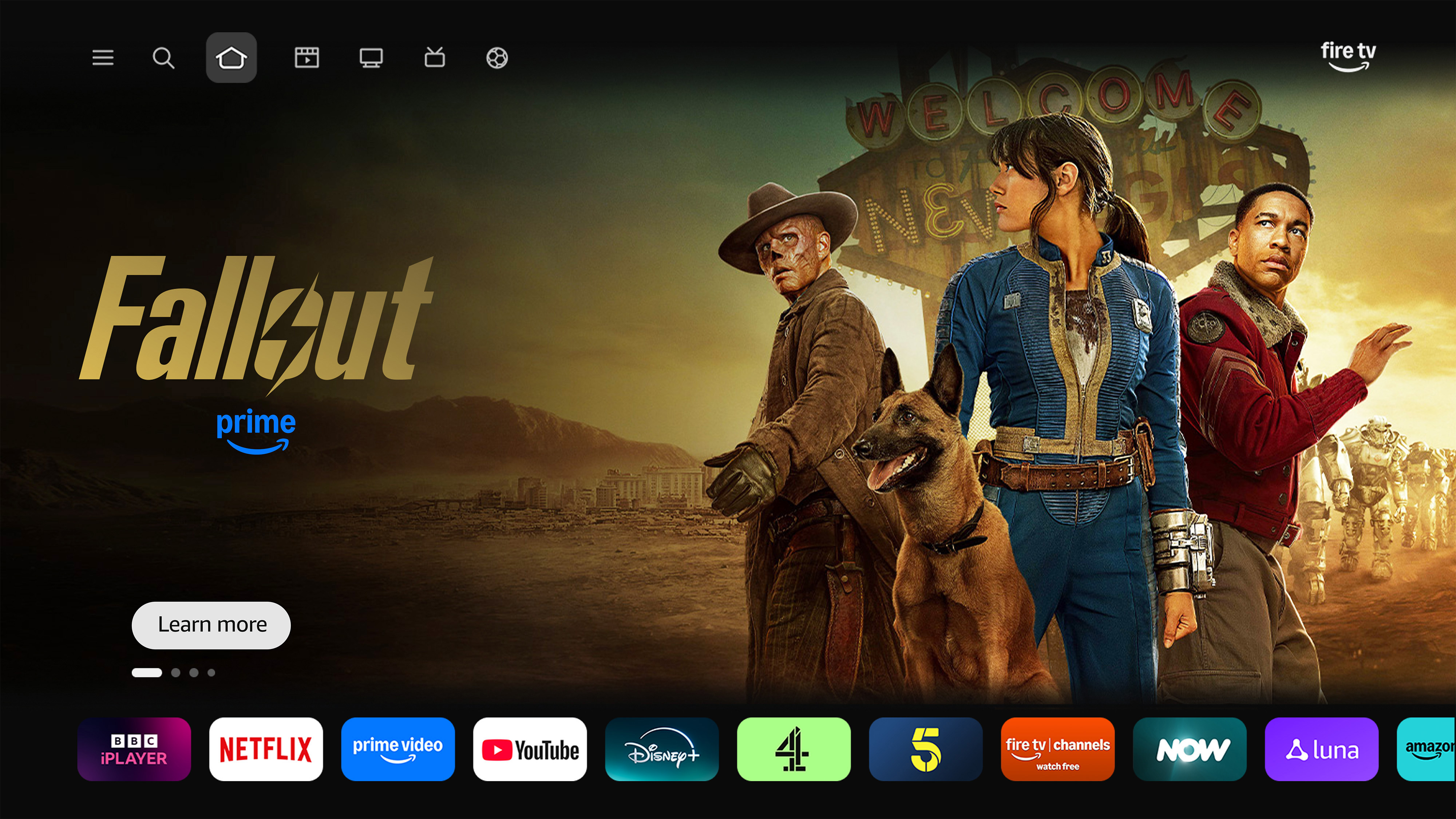 Amazon Fire TV 2026 homepage update with Fallout ad and apps on screen