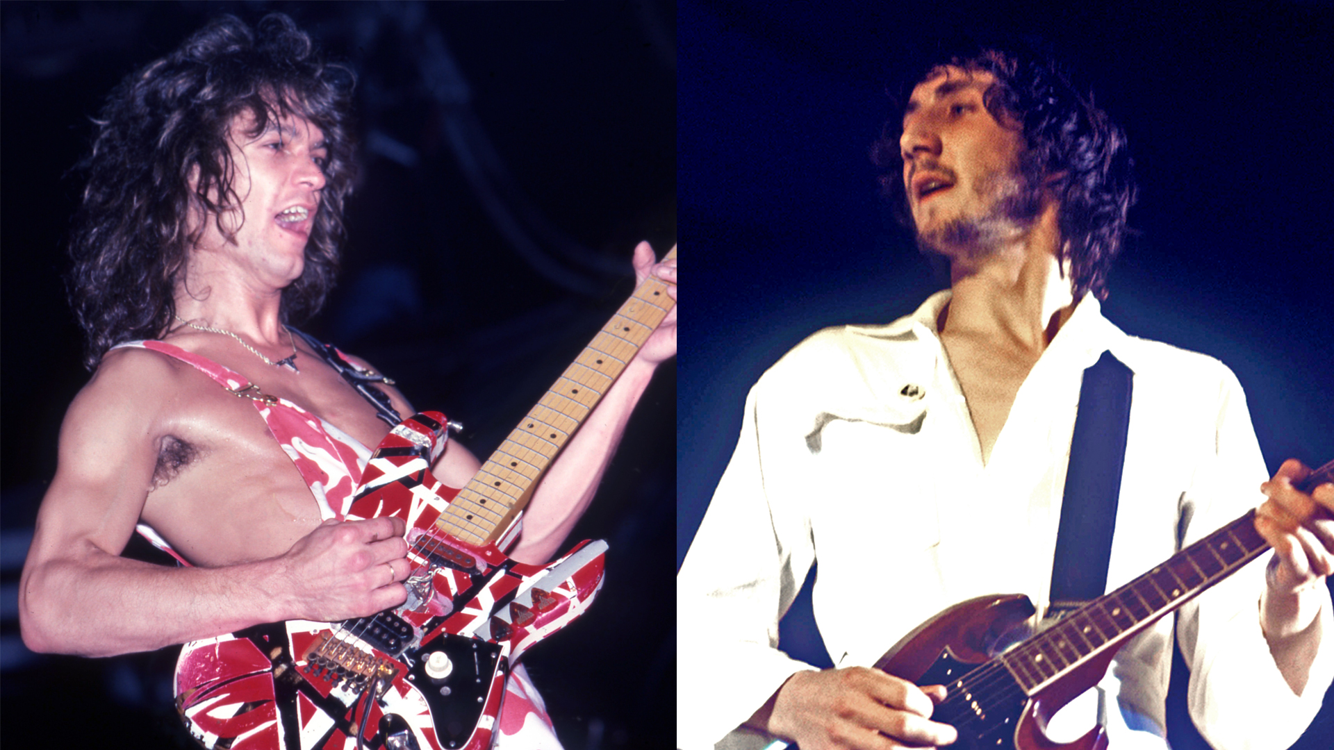 LEFT: Eddie Van Halen (plays his custom Frankenstrat guitar at Cobo Arena during Van Halen's "Hide Your Sheep Tour" on August 13, 1982, in Detroit, Michigan. RIGHT: English guitarist Pete Townshend, wearing his trademark white boiler suit, performs live on stage playing a Gibson SG Special guitar, with rock group The Who during the European leg of the band's Tommy Tour at a venue in England in October 1970. 
