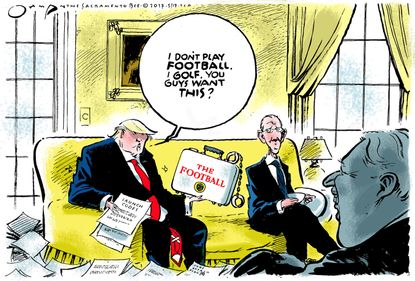 Political cartoon U.S. Trump Russia intelligence leaks golfing