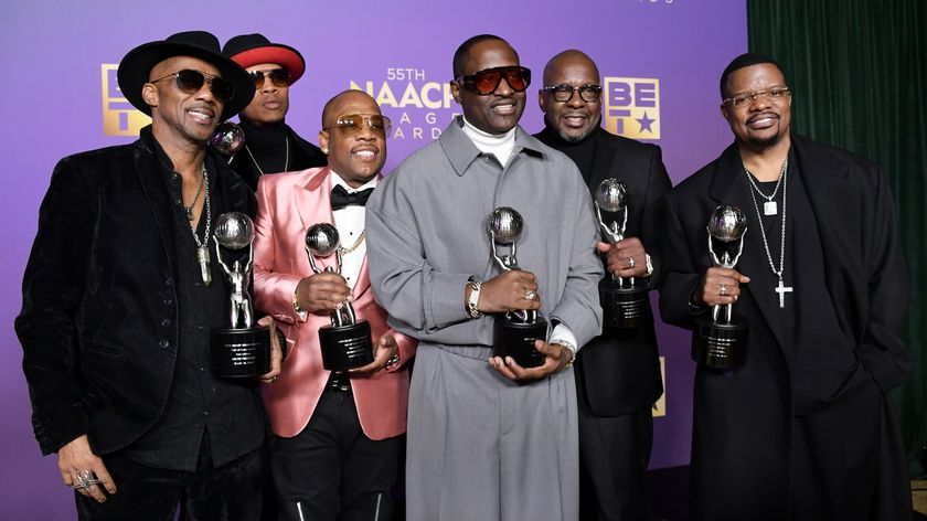 Ralph Tresvant, Ronnie DeVoe, Michael Bivins, Johnny Gill, Bobby Brown, and Ricky Bell of New Edition, recipients of the Hall of Fame Award, pose in the press room during the 55th Annual NAACP Awards.