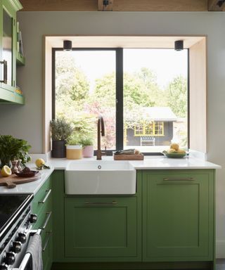 Kitchen sink and window with green cabinets
