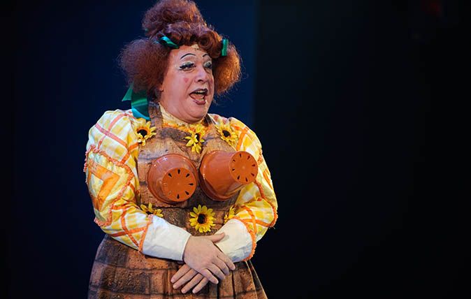 Traditional pantomime dame (man dressed as a woman) in a production of Jac and the Beanstalk, Aberystwyth Arts Centre