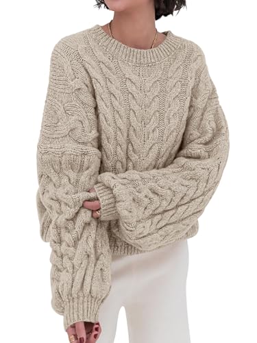 Prettygarden Womens Sweaters Fall 2025 Cable Knit Long Sleeve Crewneck Oversized Sweater Chunky Pullover Loose Outfits (khaki, X-Large)