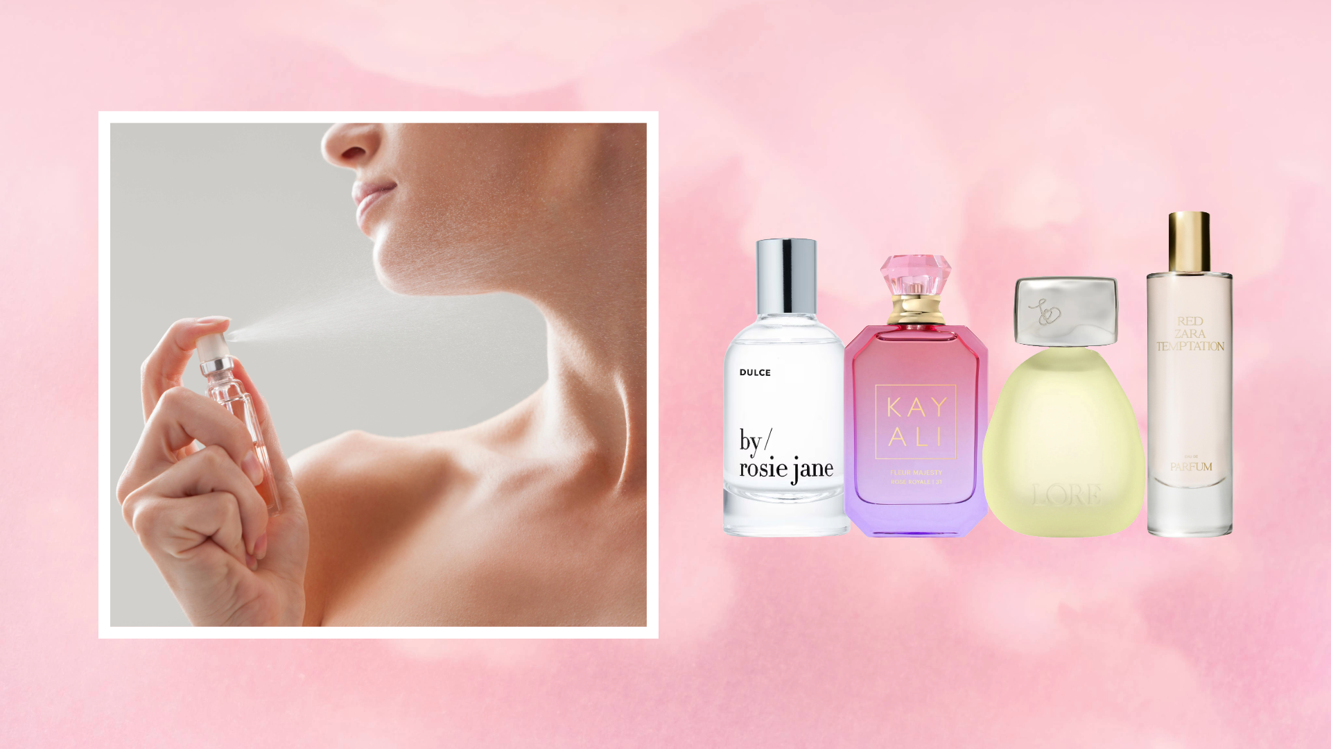woman spraying perfume on her neck with white border and perfume bottles from by rosie jane, kayali, lore, and zara overlaid on light pink floral gradient background 