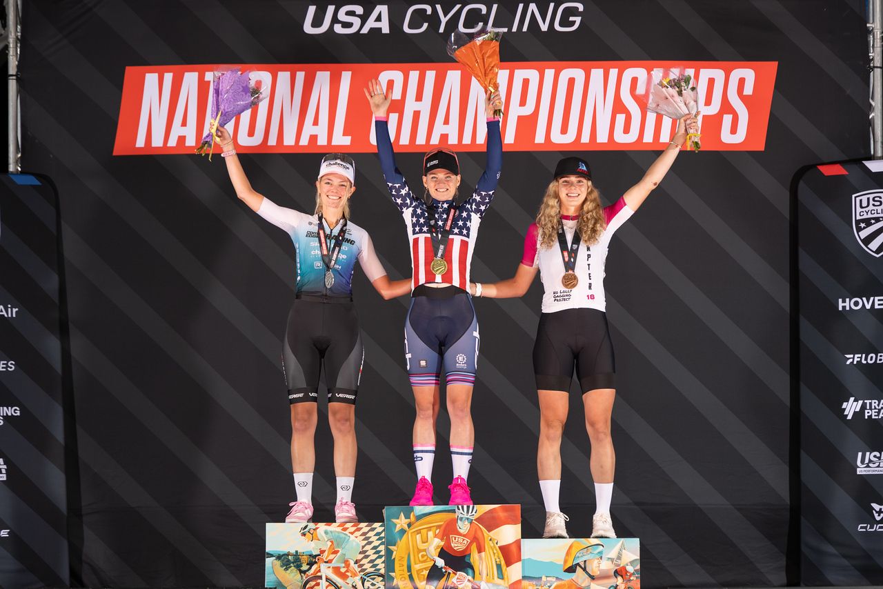 Cassidy Hicket atop the U23 women's podium of the criterium race at USA Pro Road Championships 2025