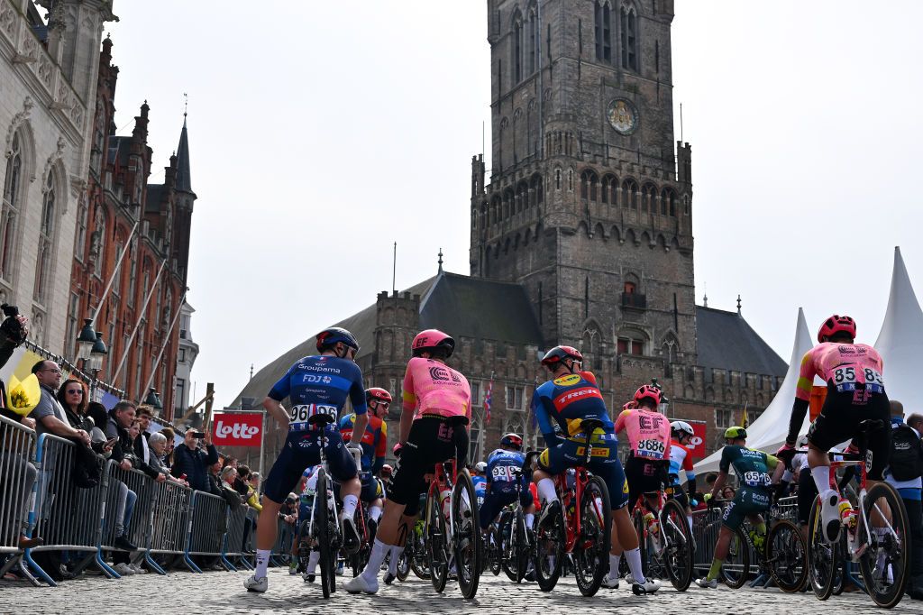 BRUGGE BELGIUM MARCH 20 LR Matthew Walls of Great Britain and Team GroupamaFDJ Edward Theuns of Belgium and Team LidlTrek Harrison Sweeny of Australia and Jonas Rutsch of Germany and Team EF EducationEasyPost prior to the 48th Classic BruggeDe Panne 2024 Mens Elite a 1989km one day race from Brugge to De Panne UCIWT on March 20 2024 in Brugge Belgium Photo by Luc ClaessenGetty Images