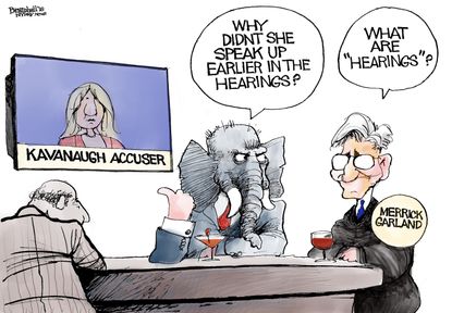 Political cartoon U.S. Brett Kavanaugh hearings sexual assault allegation GOP Merrick Garland