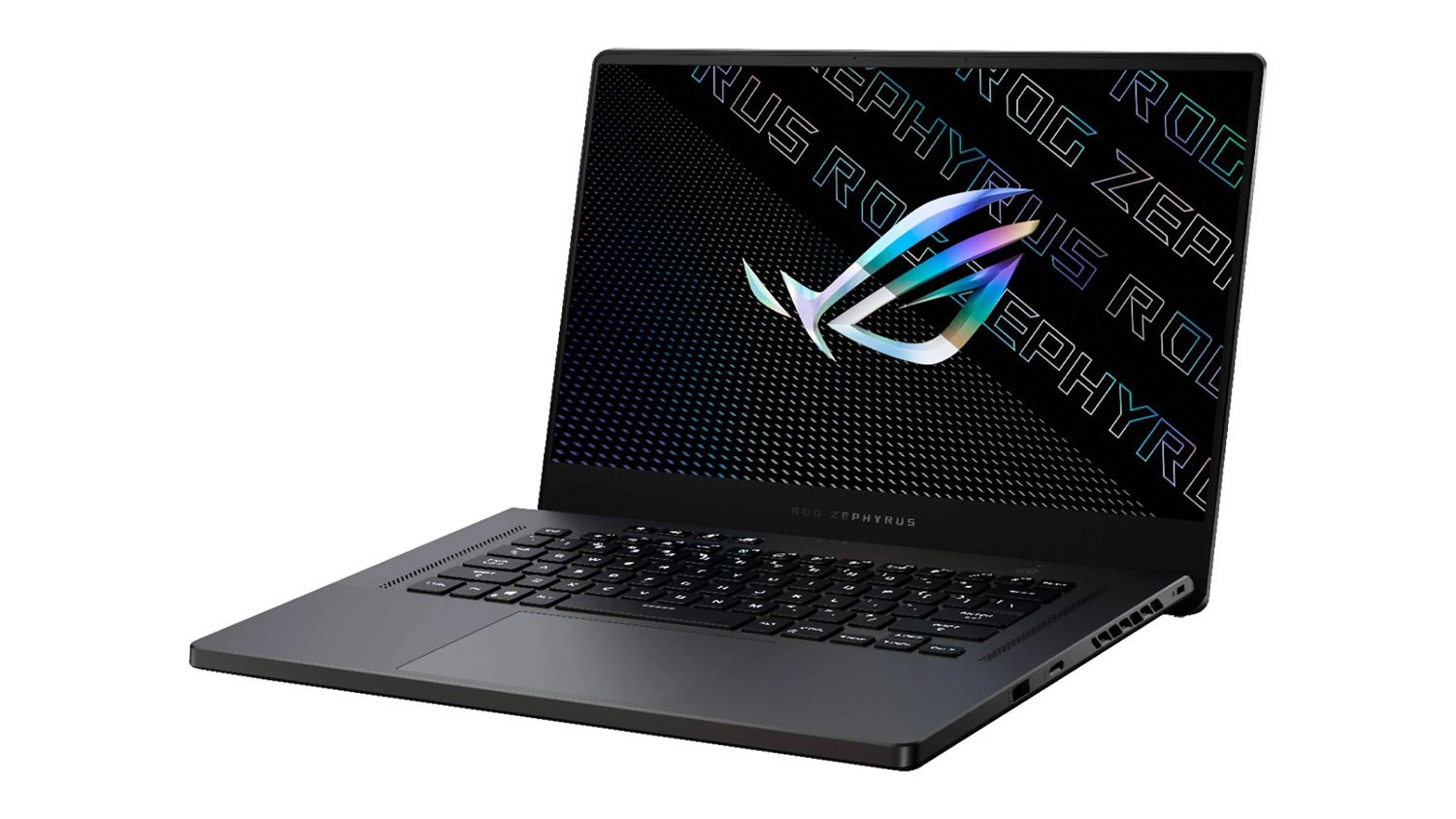 Asus Zephyrus G15 on a white background, with the ROG logo on the display. The gaming laptop is at an angle.