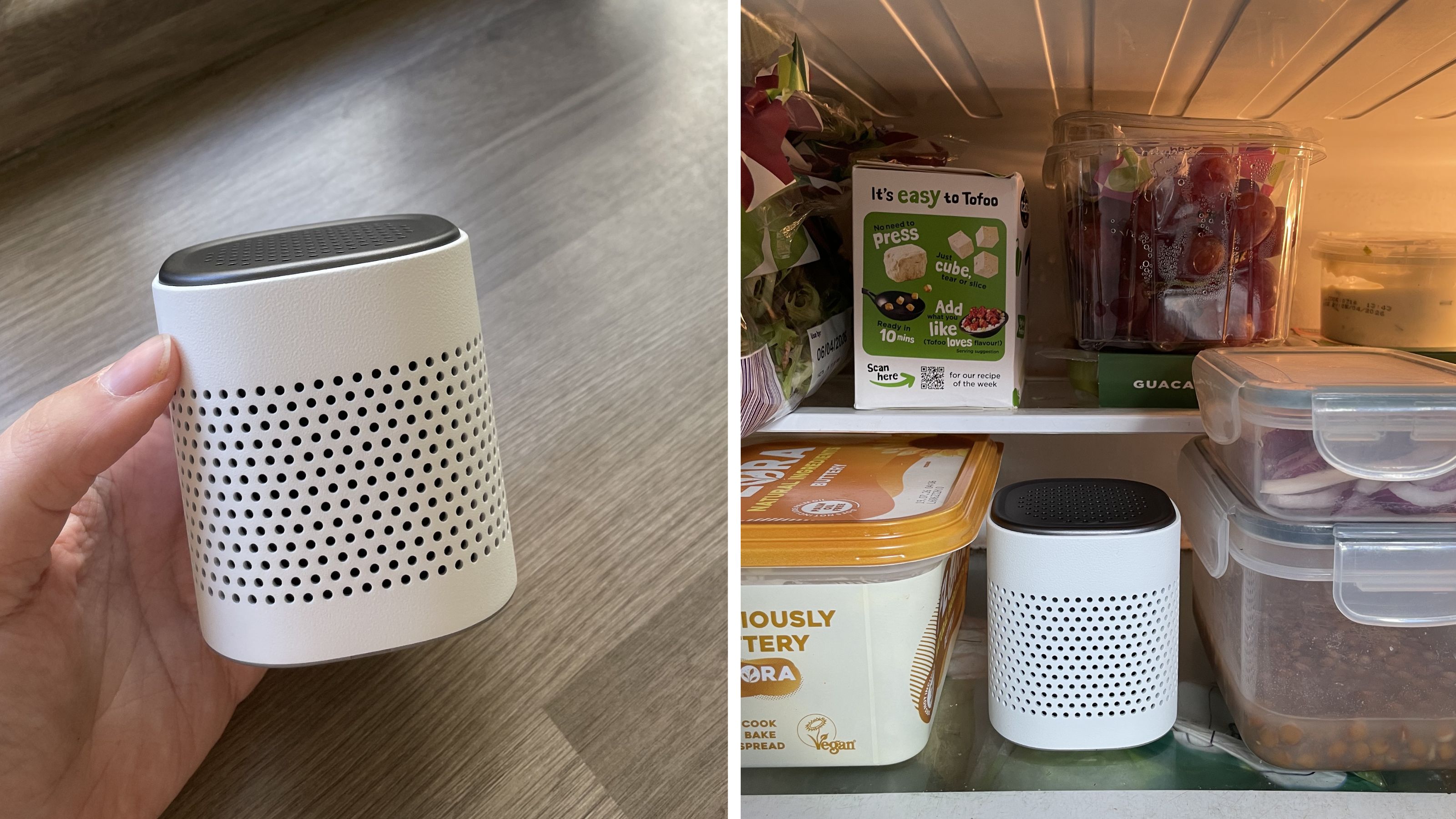 Hand holding a small white odour eliminator and the same appliance in a full fridge 