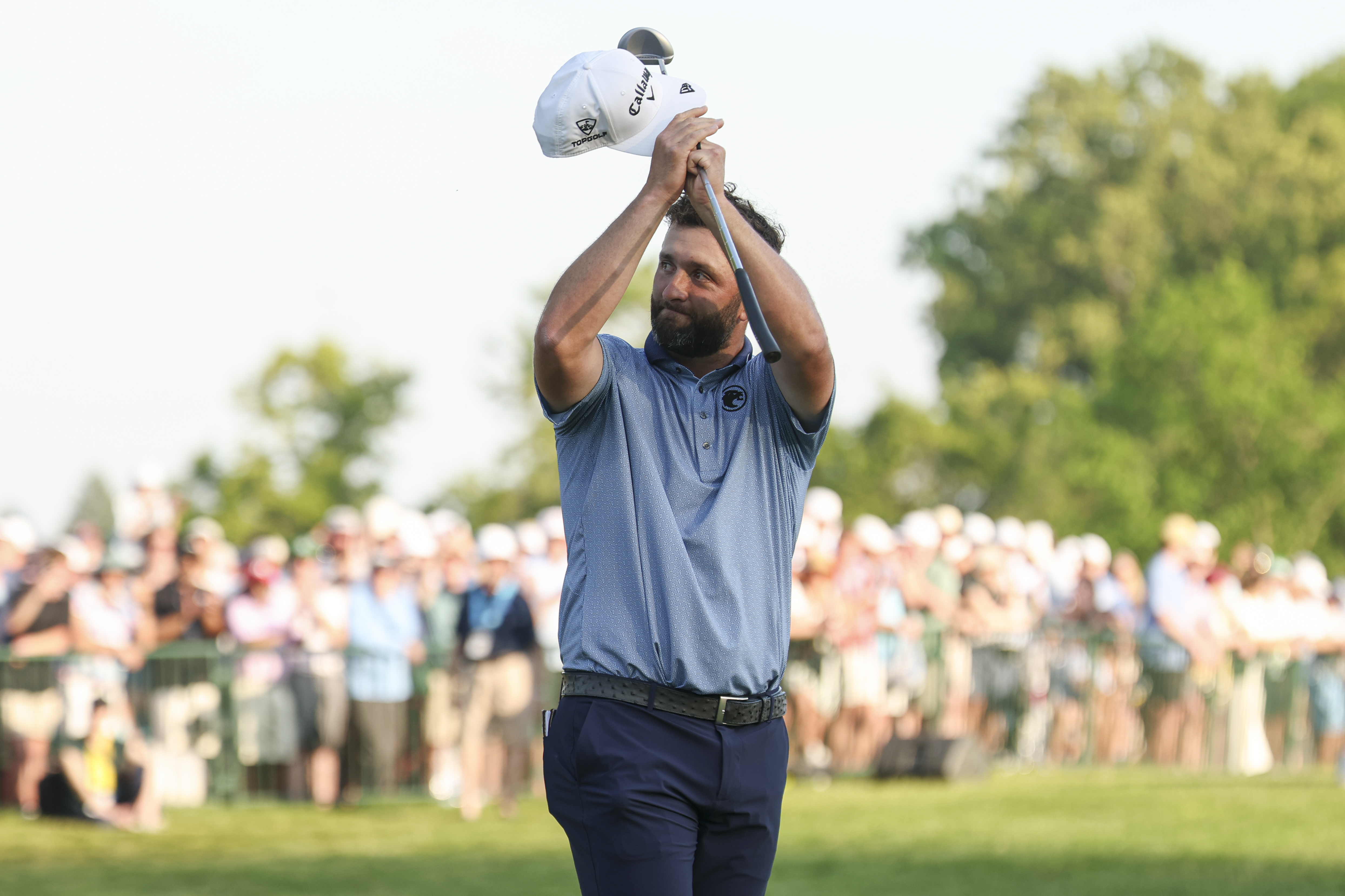 Jon Rahm waves to the fans on the 18th hole after the final round of the PGA Championship at Aronimink Golf Club