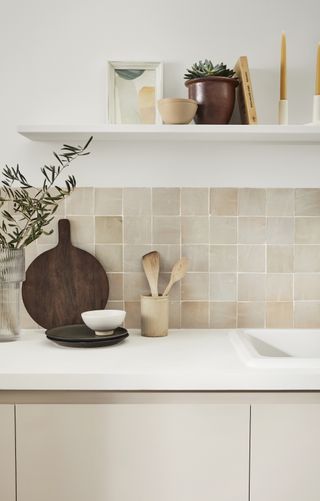 zellige tile backsplash in cream neutral kitchen