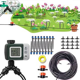 Automatic Drip Irrigation Kit With Water Timer 65.5ft 1/4 Tubing and 16 Gushing Springs Watering Automatic Garden Watering System for Potted Plants Yard Lawn Black