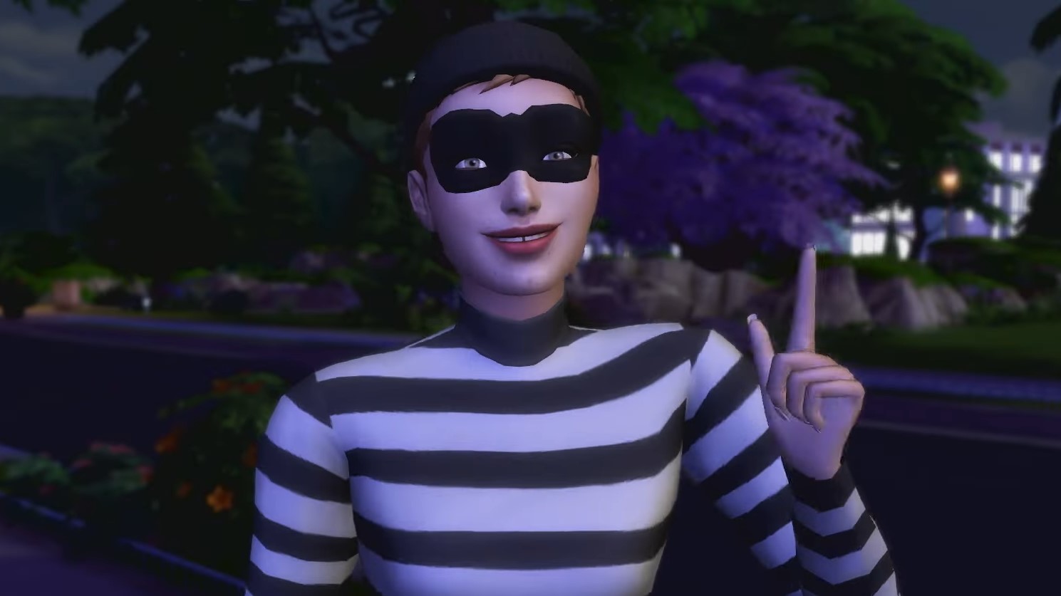 The Sims 4- A burglar in a black and white striped shirt and a mask looks mischievous outside at night