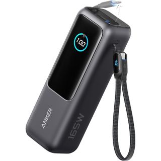 Anker Laptop Power Bank with USB-C cable attached as a loop on side showing 100% charge