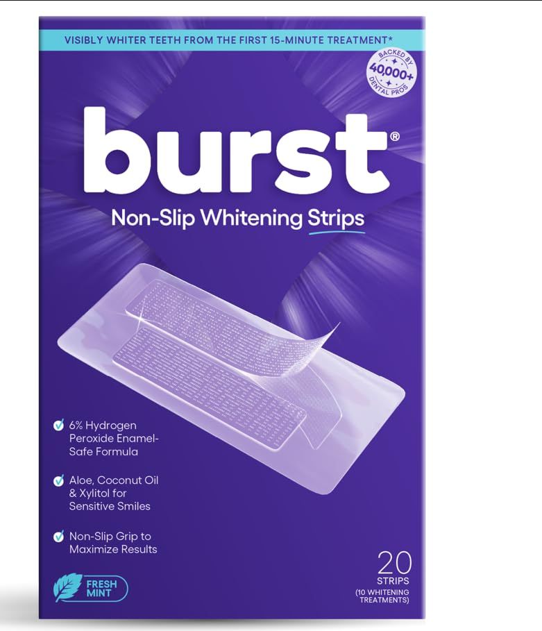 Burst Sensitive Teeth Whitening Strips (mint) | 20 Strips/10 Treatments – Each With 1 Upper/1 Lower | Visible Results in 15 Minutes | No-Slip Grip | Enamel-Safe Whitening Kit