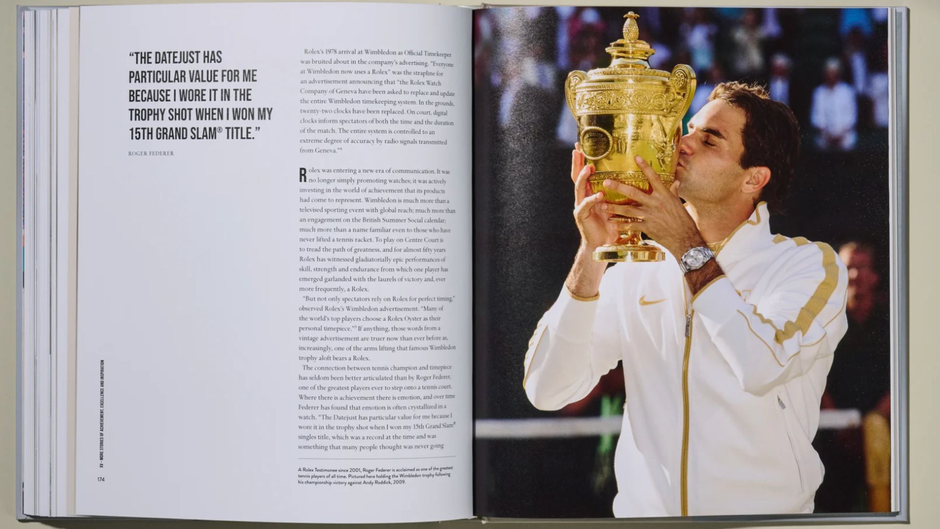an image of the book open to a page showing Roger Federer after winning the Grand Slam and some text about his win and connection to the Datejust watch