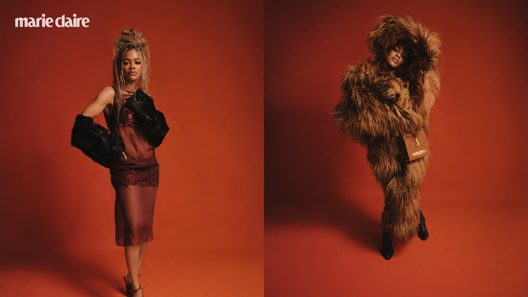 Teyana Taylor wearing a sheer dress and a fur jacket
