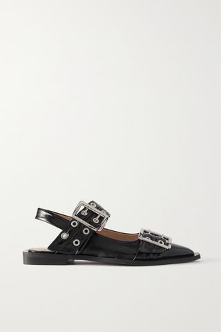 Buckled eyelet-embellished recycled faux patent-leather ballet flats
