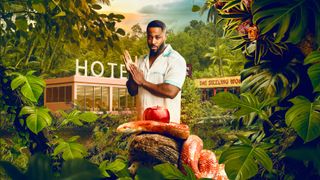 An image of Nathaniel superimposed on a jungle background with temptations in the form of a hotel and Chinese take away. There is also a bright red apple in the foreground with a dangerous looking orange snake coiled around it. 