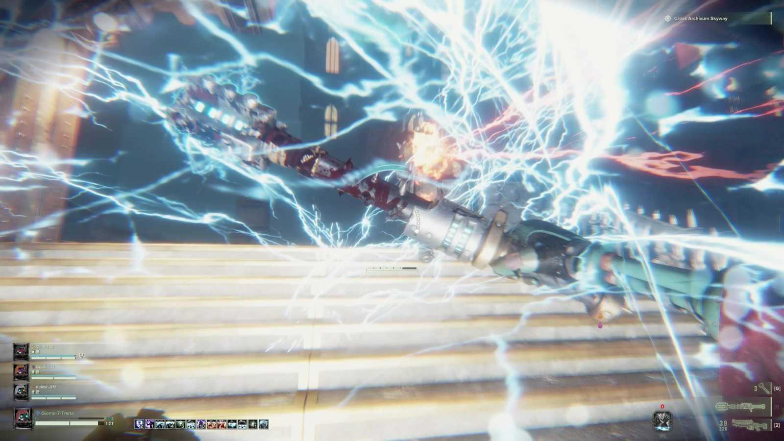 A chaotic battle scene with electric bolts. Bright, dynamic energy surrounds futuristic weapons clashing atop steps, conveying action and intensity.