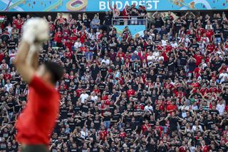 Fans attend the Euro 2020 Group F match between Hungary and Portugal at the Ferenc Puskas Stadium in Budapest, Hungary