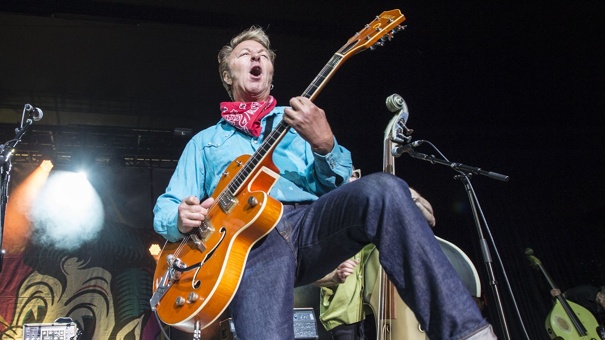 Brian Setzer of The Stray Cats performs on stage at O2 Academy Birmingham on June 23, 2019 in Birmingham, England.