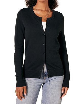 Amazon Essentials Sweater Kardigan Crewneck Ringan Wanita (tersedia dalam Ukuran Besar), Hitam, X-Small