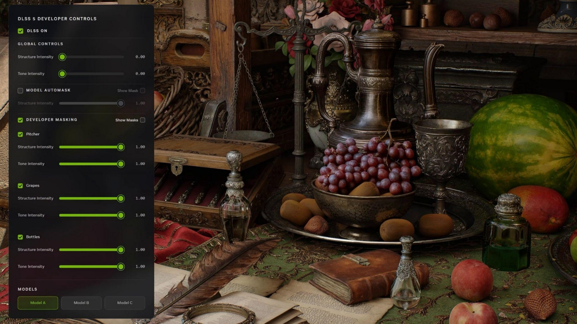 The developer controls for DLSS 5 with objects in a scene