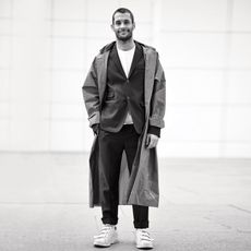 White, Photograph, Black, Fashion, Standing, Street fashion, Snapshot, Black-and-white, Human, Outerwear, 