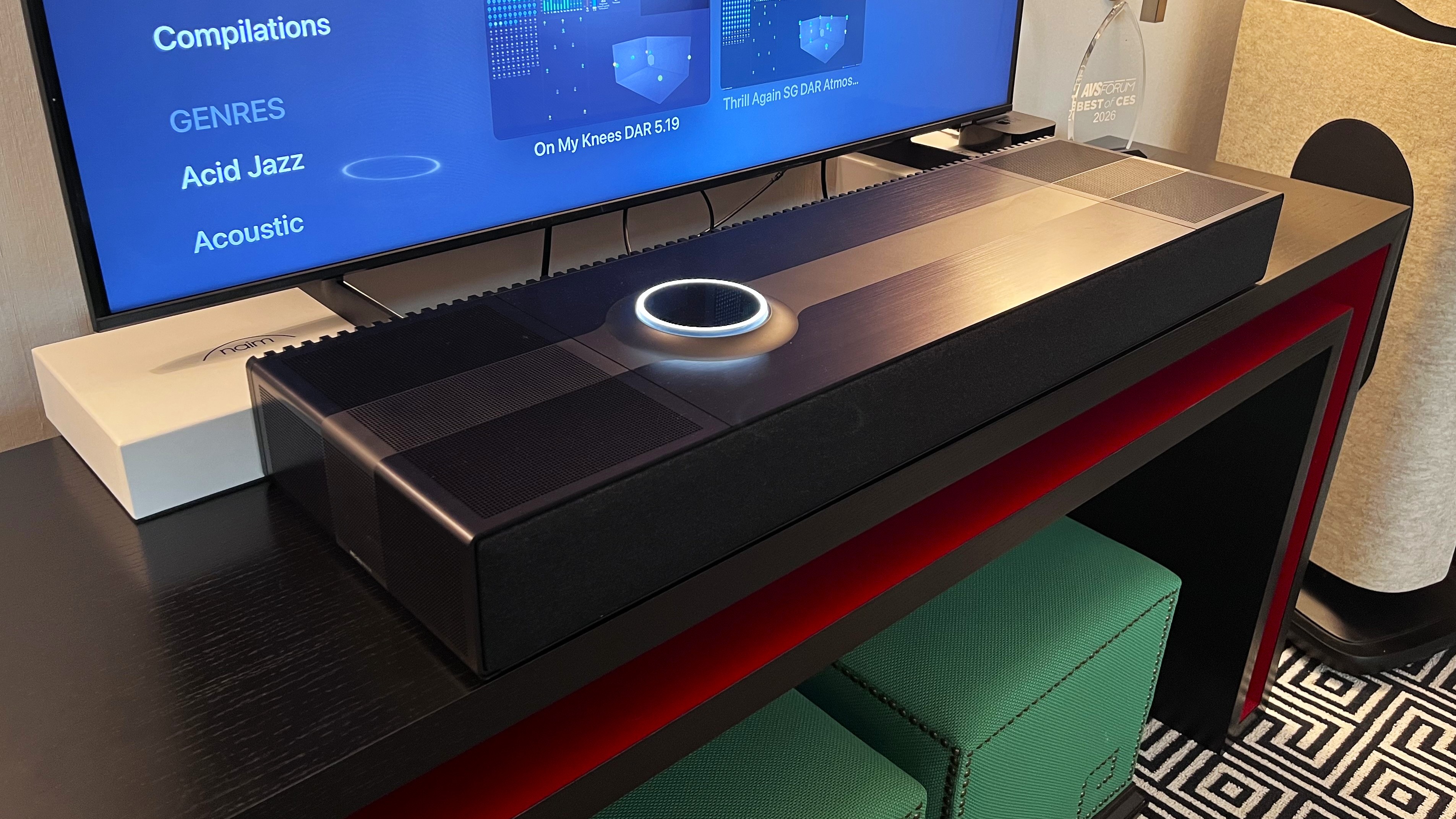 Focal Mu-so Hekla on TV stand with TV