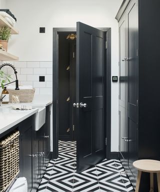 black and white utility room