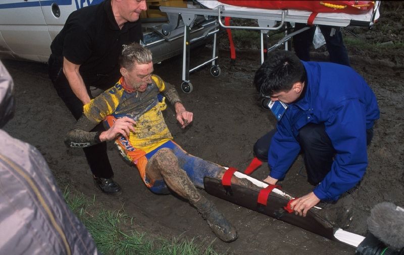 Christophe Morel receiving assistance after a heavy crash in 2001