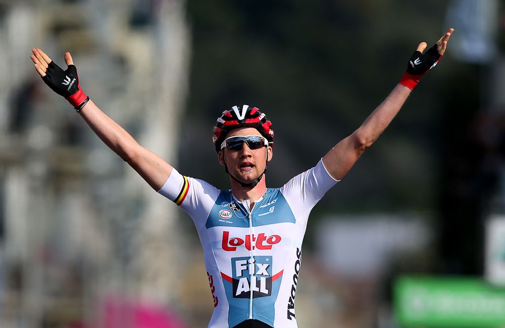 Tim Wellens of Belgium and Lotto Soudal celebrates as he crosses the finish line to win stage 7 of the 2016 Paris-Nice