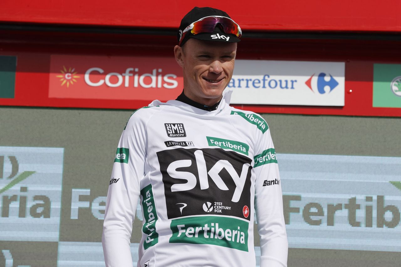 Chris Froome on the podium after stage 15 of the Vuelta a Espa&ntilde;a