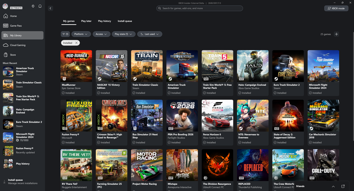 Screenshot of My Library in the Xbox App for Windows 11 showcasing SteamGridDB artwork for non-Xbox games.
