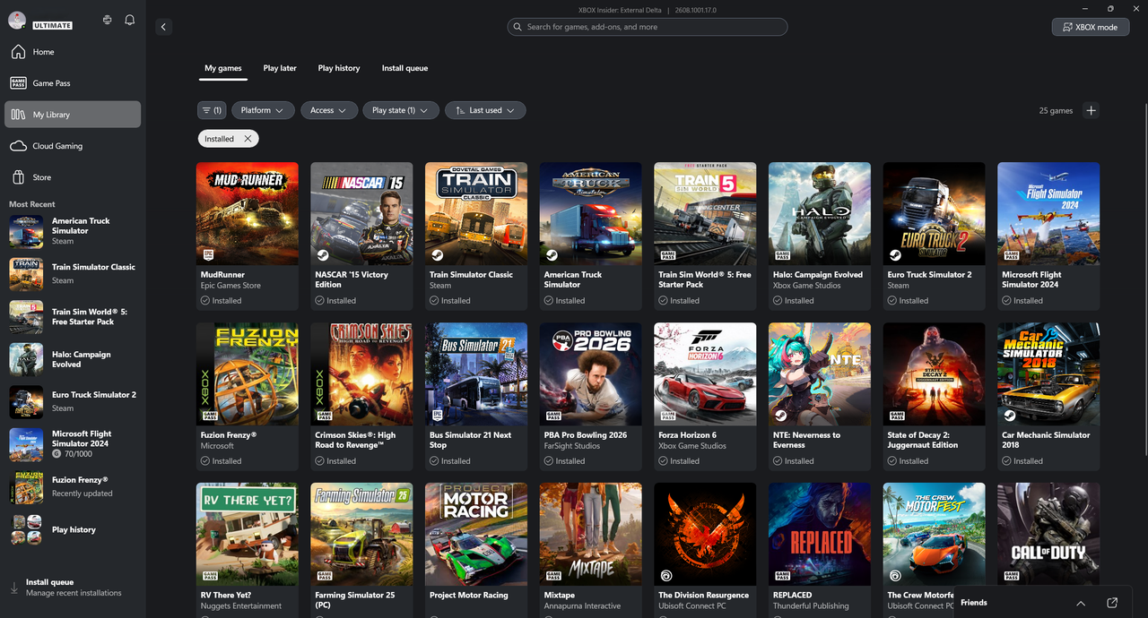 Screenshot of My Library in the Xbox App for Windows 11 showcasing SteamGridDB artwork for non-Xbox games.