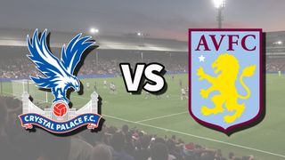 The Crystal Palace and Aston Villa club badges on top of a photo of Selhurst Park in London, England