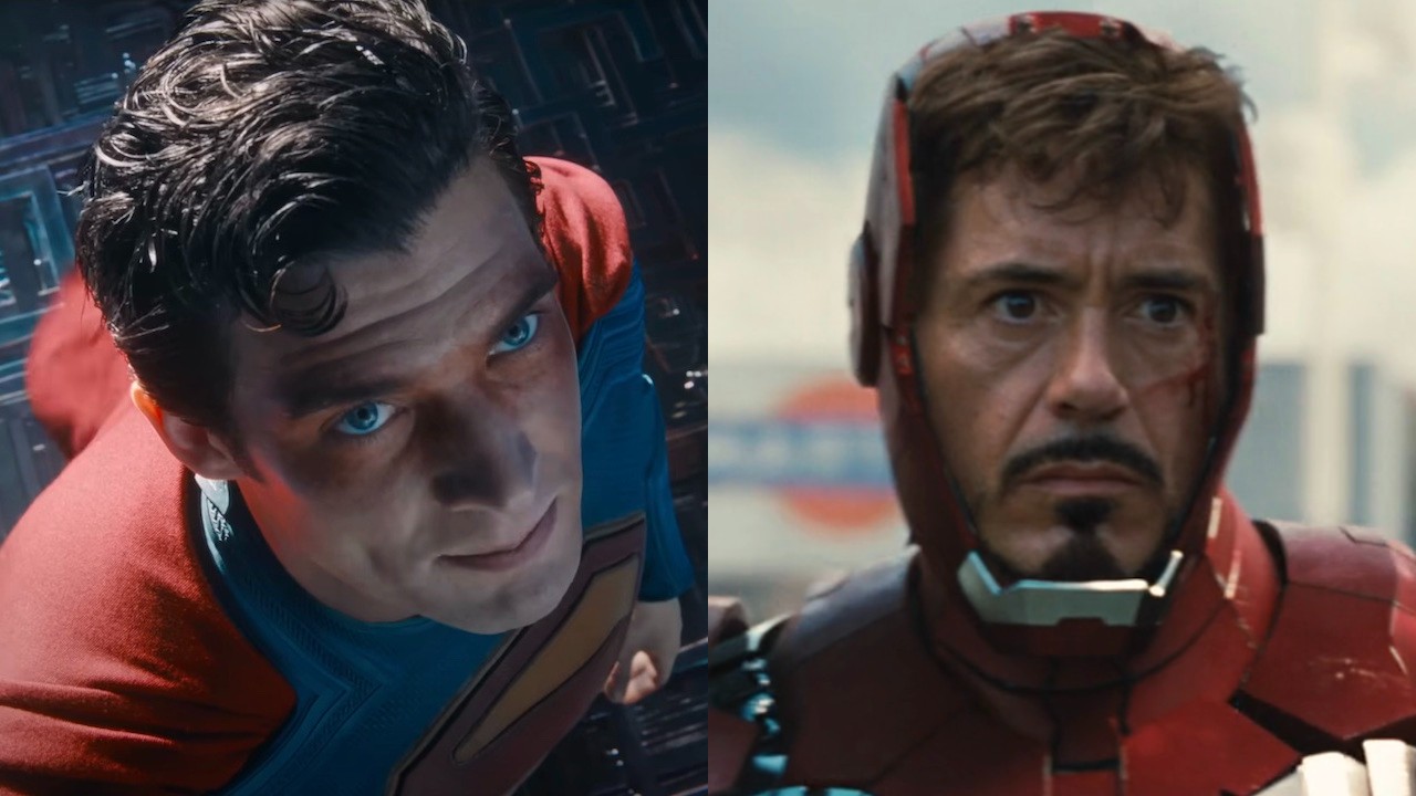 Clark Kent (David Corenswet) looks up in Superman, while Tony Stark (Robert Downey Jr.) suits up in Iron Man 2