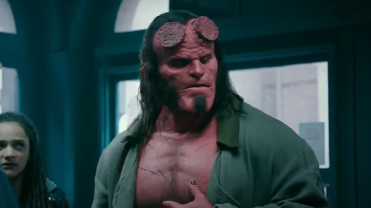 David Harbor with a quizzical look on his face in the 2019 film Hellboy