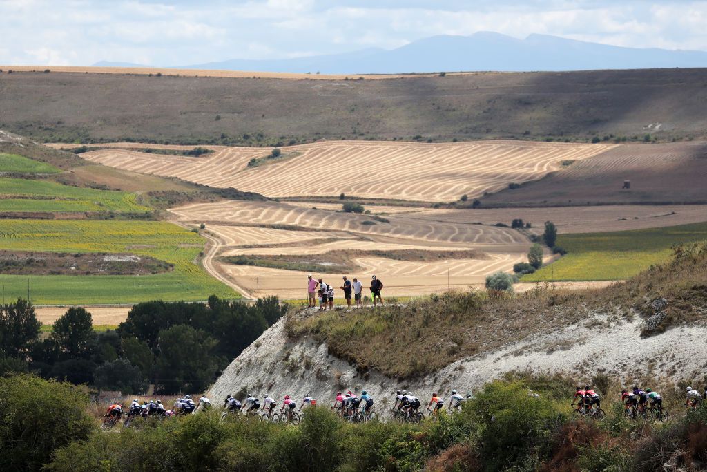 BRIVIESCA SPAIN AUGUST 04 A general view of the peloton during the 43rd Vuelta a Burgos 2021 Stage 2 a 175km stage from Tardajos to Briviesca VueltaBurgos BurgosCycling CapitalMundialdelCiclismo on August 04 2021 in Briviesca Spain Photo by Gonzalo Arroyo MorenoGetty Images