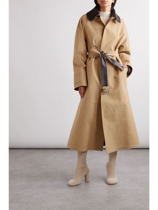 Belted Leather-Trimmed Cotton-Garbardine Trench Coat