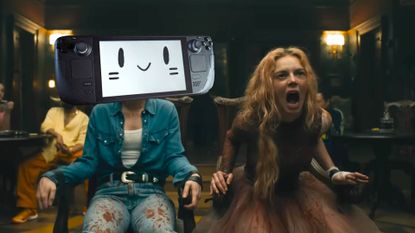 Ready or Not 2 trailer screenshot with Samara Weaving on right screaming in chair and Kathryn Newton on left with Steam Deck over head.