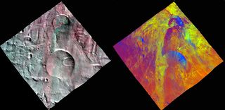 Some relatively fresh impact craters on Vesta’s surface in the south polar region. The different images represent the same region viewed in different wavelengths of light by the Dawn spacecraft.