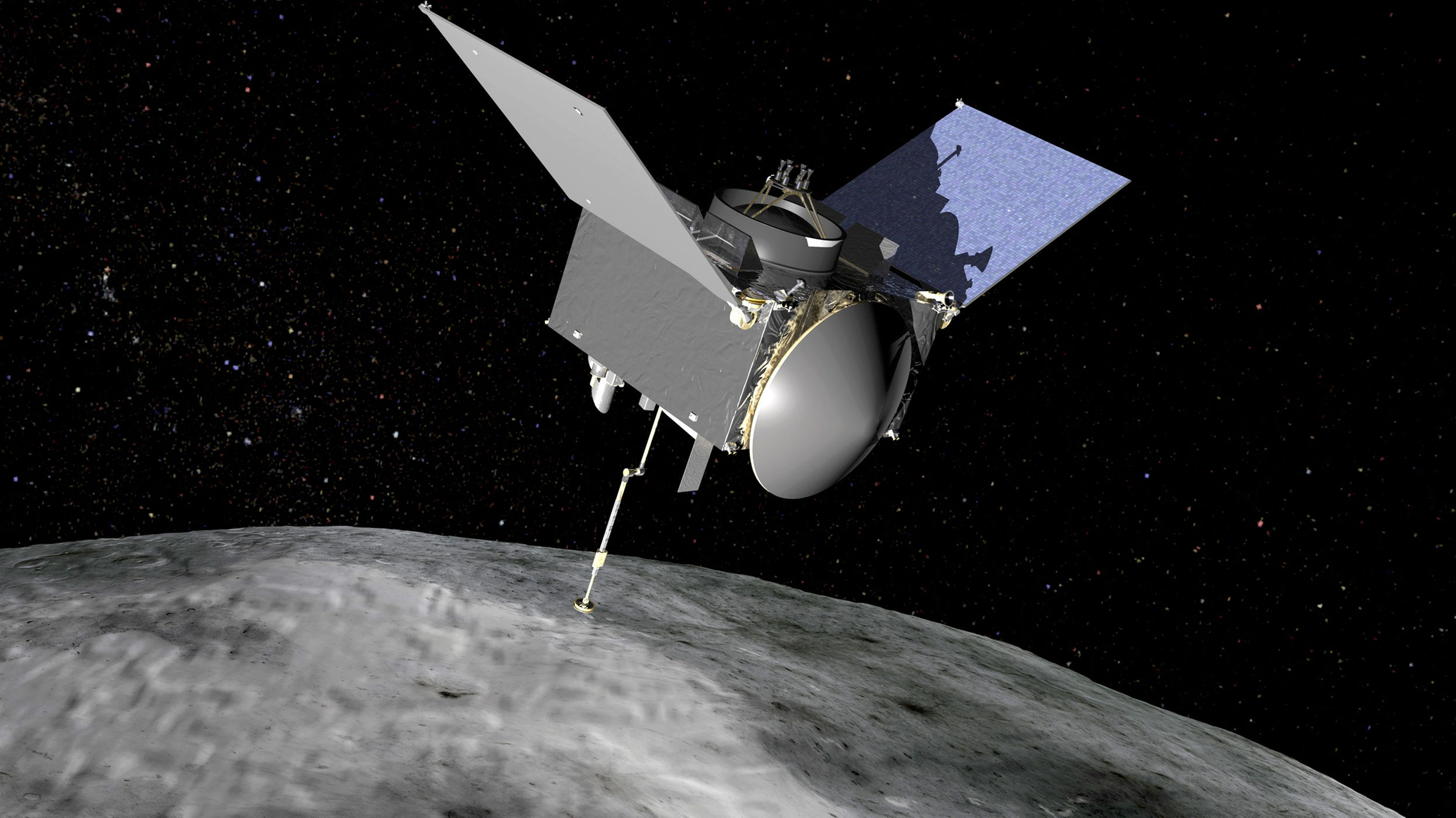 An artist's concept of NASA's OSIRIS-REx asteroid sampling spacecraft at the asteroid Bennu. The probe is due to arrive at Bennu in 2018 and return samples to Earth in 2023.