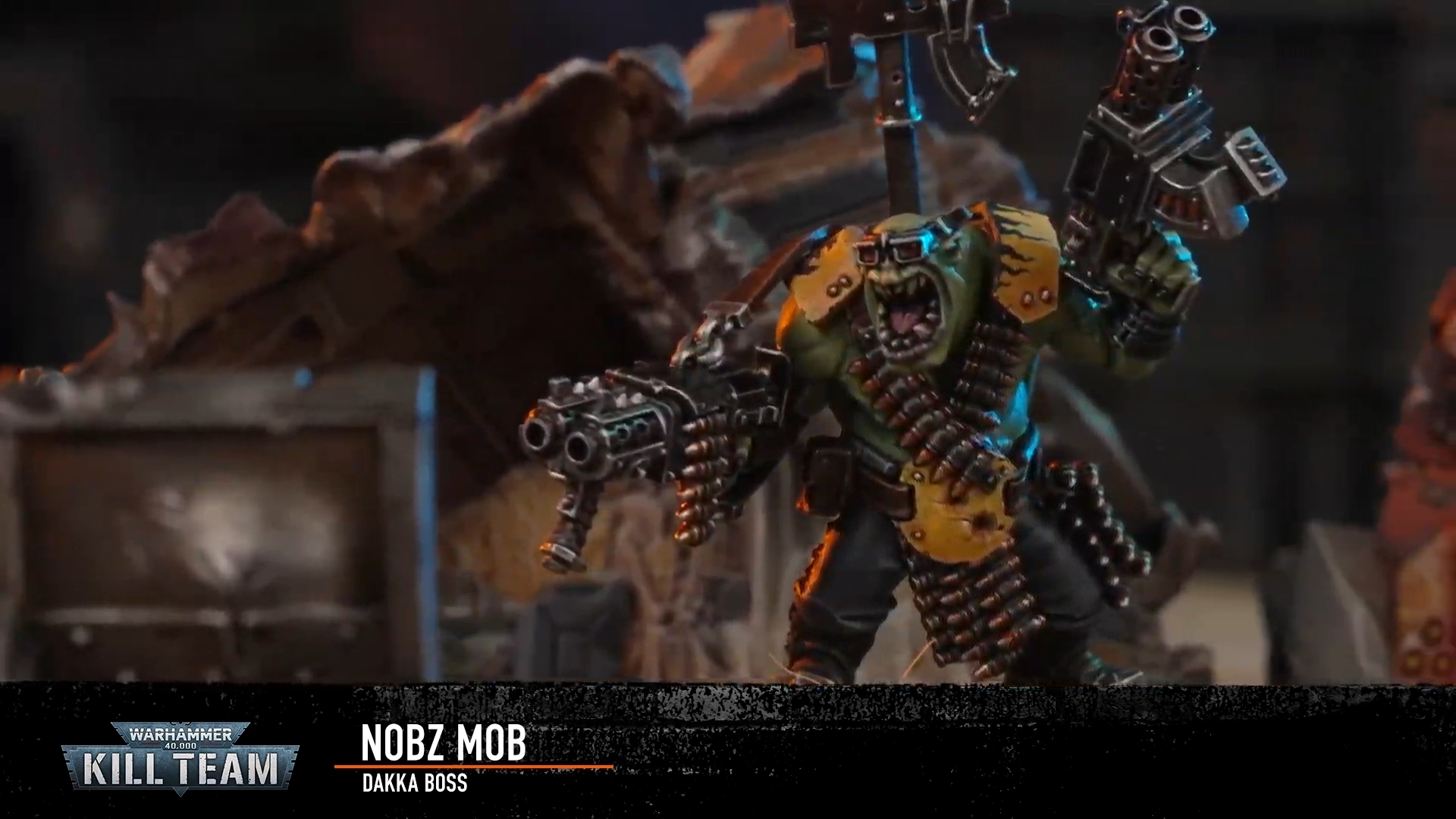 Warhammer Ork Nobz miniature roaring against a ruined battlefield