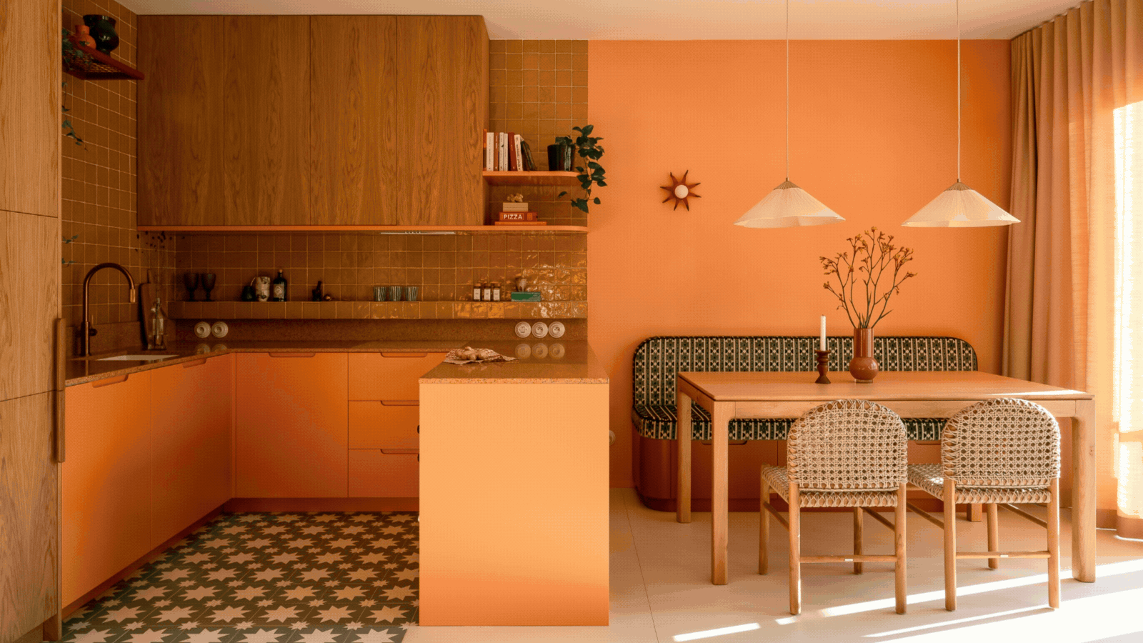Rotating GIF of three images that show different rooms decorated in a bright mango color. 