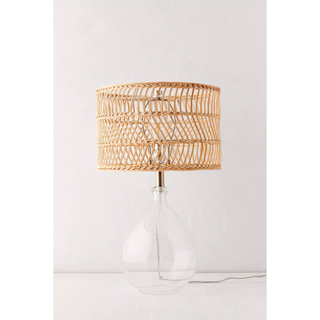 large table lamp with glass base and rattan shade