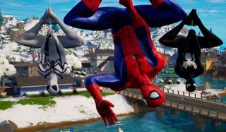 Three Spider-Man outfits in Fortnite, hanging upside down.